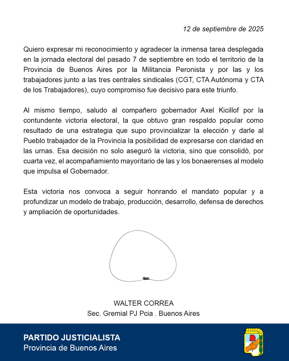 Agradezco el apoyo de la militancia peronista, el pueblo trabajador y las centrales sindicales, que junto a la decisión del gobernador <a href="/kicillofok/">Axel Kicillof</a> de provincializar las elecciones del 7 de septiembre, consolidaron un rumbo en la Provincia y pusieron un freno a Milei.