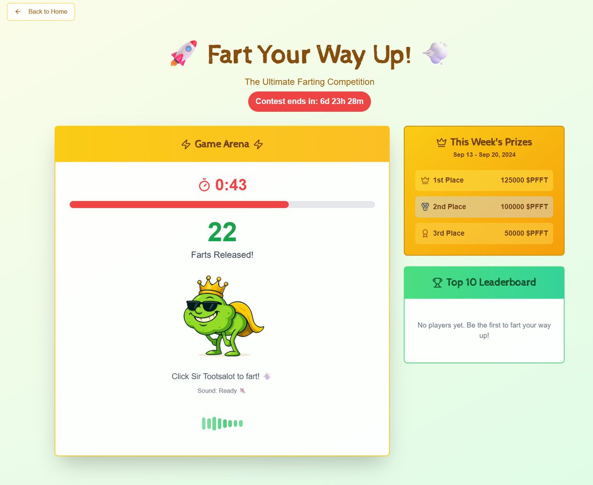 FartcoinCRO's tweet image. 💨 We’re BACK with the ultimate Fart Game! 💨
Do you have what it takes to become the BIGGEST FARTER? 🍑💥
👉 Train your finger
👉 Fart your way to glory
👉 Weekly $PFFT prizes for the Top 3 🚀
Sir Tootsalot is bent over, waiting for YOU 😂
🎮 Play now:…