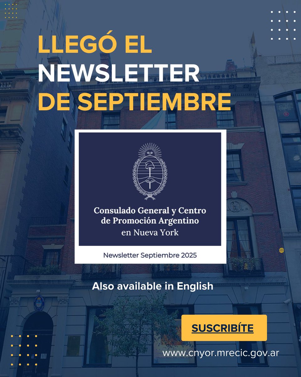 ¿TODAVÍA NO LEÍSTE EL NEWSLETTER DE SEPTIEMBRE?

Descubrí las principales actividades del Consulado General y Centro de Promoción 🇦🇷 en Nueva York: arte y cultura; comunidad, promoción comercial y más.

👉 Leélo acá conta.cc/4g3sGnu
👉 En inglés conta.cc/4magTGd