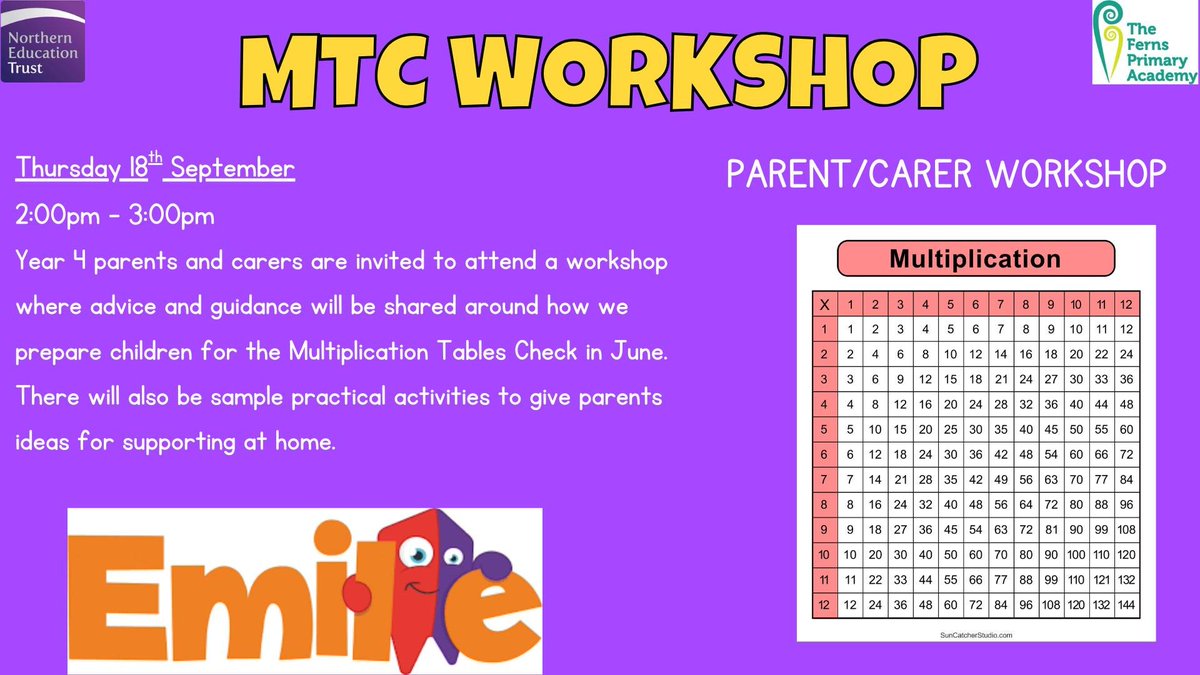 fernsacademy's tweet image. 📚Year 4 Multiplication Tables Check (MTC) Workshop 📚
Thursday 18th September
2pm - 3pm
#mtc #Emile #multiplicationtable #workingtogether #littleferns #outcomesfocused #childcentred