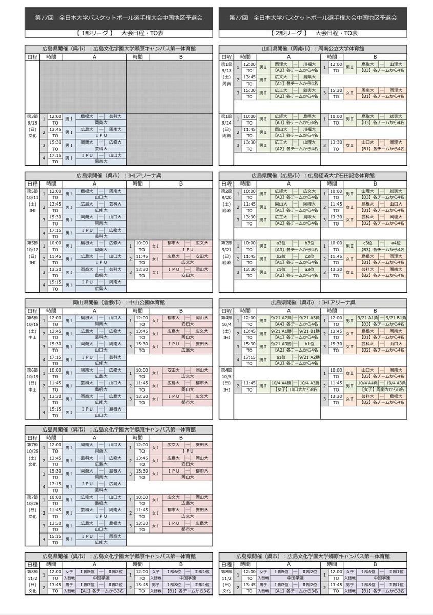 【大会のお知らせ】
第77回 全日本大学バスケットボール選手権大会中国地区予選会

10/12からインカレ予選が始まります🔥
全勝優勝目指して頑張ります👊
応援よろしくお願いします！🙇🏻‍♀️

※試合日程、会場の方は以下の画像でご確認ください。

#インカレ予選
#IPU
#nstr_10