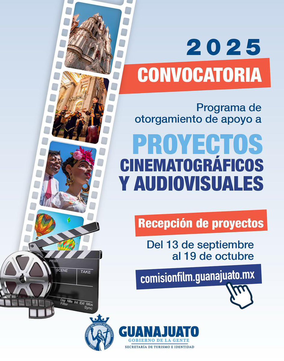 🎬 ¡Creemos en el talento que pone en alto a Guanajuato!

Me llena de orgullo anunciar que este 13 de septiembre abrimos la convocatoria del Programa de Apoyo a Proyectos Cinematográficos y Audiovisuales 2025, con un fondo de 5 millones de pesos, para apoyar a quienes cuentan las
