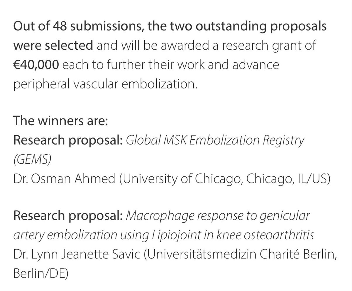 Osman Ahmed (@therealdoctoros) on Twitter photo Very proud of our research fellow at Joint and Vascular Institute <a href="/alkhani_layth/">Layth Alkhani</a> for submitting and helping obtain this critical funding to start our global registry for MSK embolization! Thank you to <a href="/cirsesociety/">CIRSE</a> for this generous grant and important opportunity!! 🙏🏽🙌🏽 #irad Very proud of our research fellow at Joint and Vascular Institute <a href="/alkhani_layth/">Layth Alkhani</a> for submitting and helping obtain this critical funding to start our global registry for MSK embolization! Thank you to <a href="/cirsesociety/">CIRSE</a> for this generous grant and important opportunity!! 🙏🏽🙌🏽 #irad