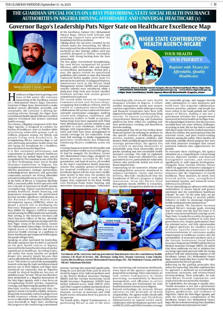 Excited to share that <a href="/NiCareHealth/">Niger State Contributory Health Agency</a> has been recognized as one of the top 5 best performing state social health insurance agency.

Thank you Farmer Governor Mohammed Umaru Bago for your support that made this possible.

Thank you Guardian Newspaper, Staff and management of