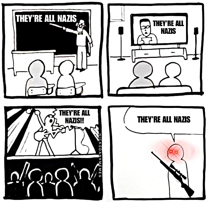 Four-panel black-and-white cartoon. First panel shows a teacher at a chalkboard with text "THEY\'RE ALL NAZIS" and students seated. Second panel shows two people watching TV with text "THEY\'RE ALL NAZIS" on screen. Third panel shows a speaker at a podium with text "THEY\'RE ALL NAZIS!!" and an audience. Fourth panel shows a person with a rifle aiming, sweating, with text "THEY\'RE ALL NAZIS" and a red-eyed expression.