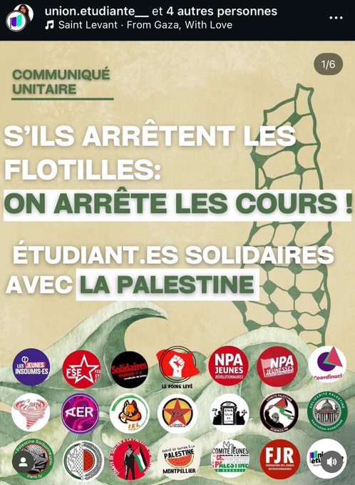 A beige background with a map outline of Palestine. Text reads "S'ILS ARRÊTENT LES FLOTTILLES: ON ARRÊTE LES COURS! ÉTUDIANT.E.S SOLIDAIRES AVEC LA PALESTINE" in bold black and blue letters. Various logos of organizations like NPA Jeunes, FSE, and others are visible at the bottom. A watermark from X is present.