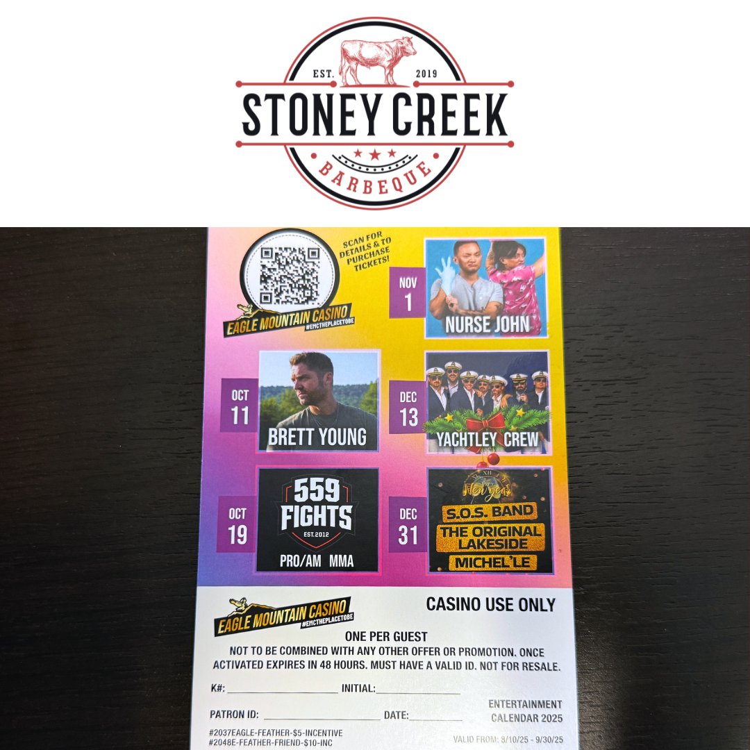 stoneycreekbbq's tweet image. Get $5 of Free Play yourself, or bring a friend to get $10 of Free Play at EMC!

Grab a Free Play flyer at Eagle Feather Trading Post or Stoney Creek BBQ, courtesy of Eagle Mountain Casino! New flyers valid from Aug. 10th - Sept. 30th.

#StoneyCreekBBQ
#EMCThePlaceToBe