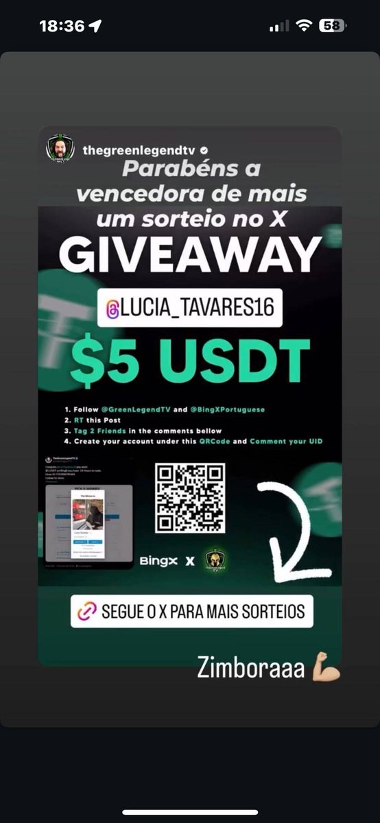 LuhTavares29's tweet photo. Mais um sorteio ganho com sucesso do melhor streamar que conheço, obrigada @thegreenlegendtv, já recebi os 5 USDT ganhos no sorteio, zimboraaaa 💚 #legitgreen https://t.co/YJALpznamX