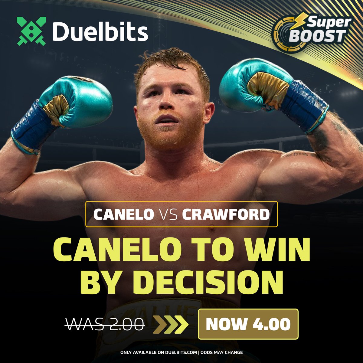 HUGE CANELO SUPER BOOST! ⚡️

Canelo's last 6 wins: ALL unanimous decisions.
Can he make it 7 in a row? 🥊

🔥 Was 2.00 >> NOW 4.00! 
👉 duel.bz/SuperBoostCane…

#CaneloCrawford | #SuperBoost