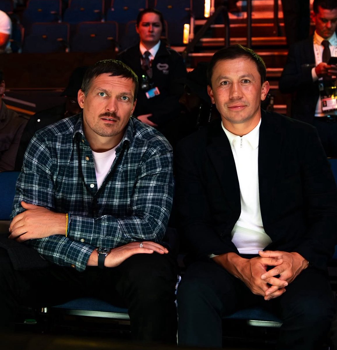 Sourceofboxing's tweet image. Oleksandr Usyk and Gennady Golovkin sitting together at the World Boxing Championships 🤝