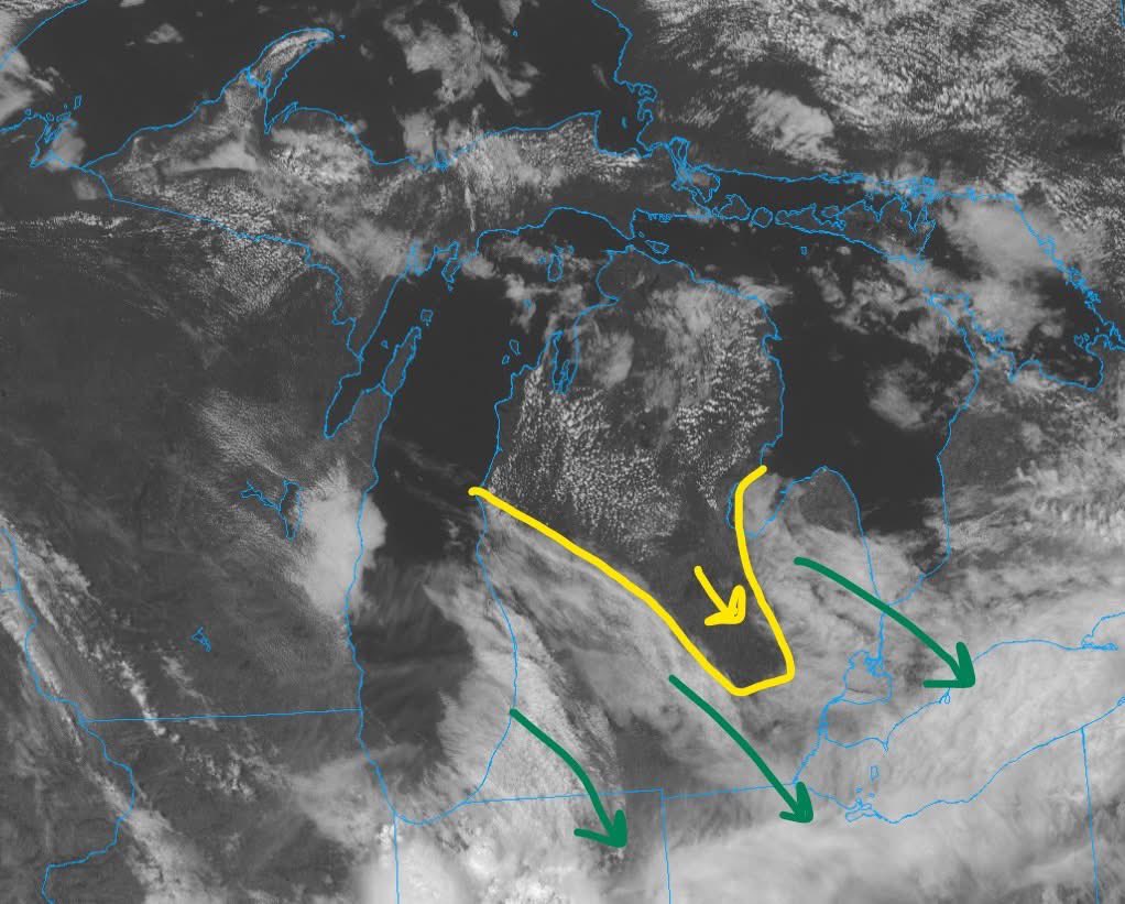 Here comes the sun! 🎤

To the north of the yellow line, skies begin to clear out. While some cumulus clouds fill in due to daytime heating, these areas are, and will see sunlight sooner today then those in the southwest corner and southeast corner. By the evening, nearly the