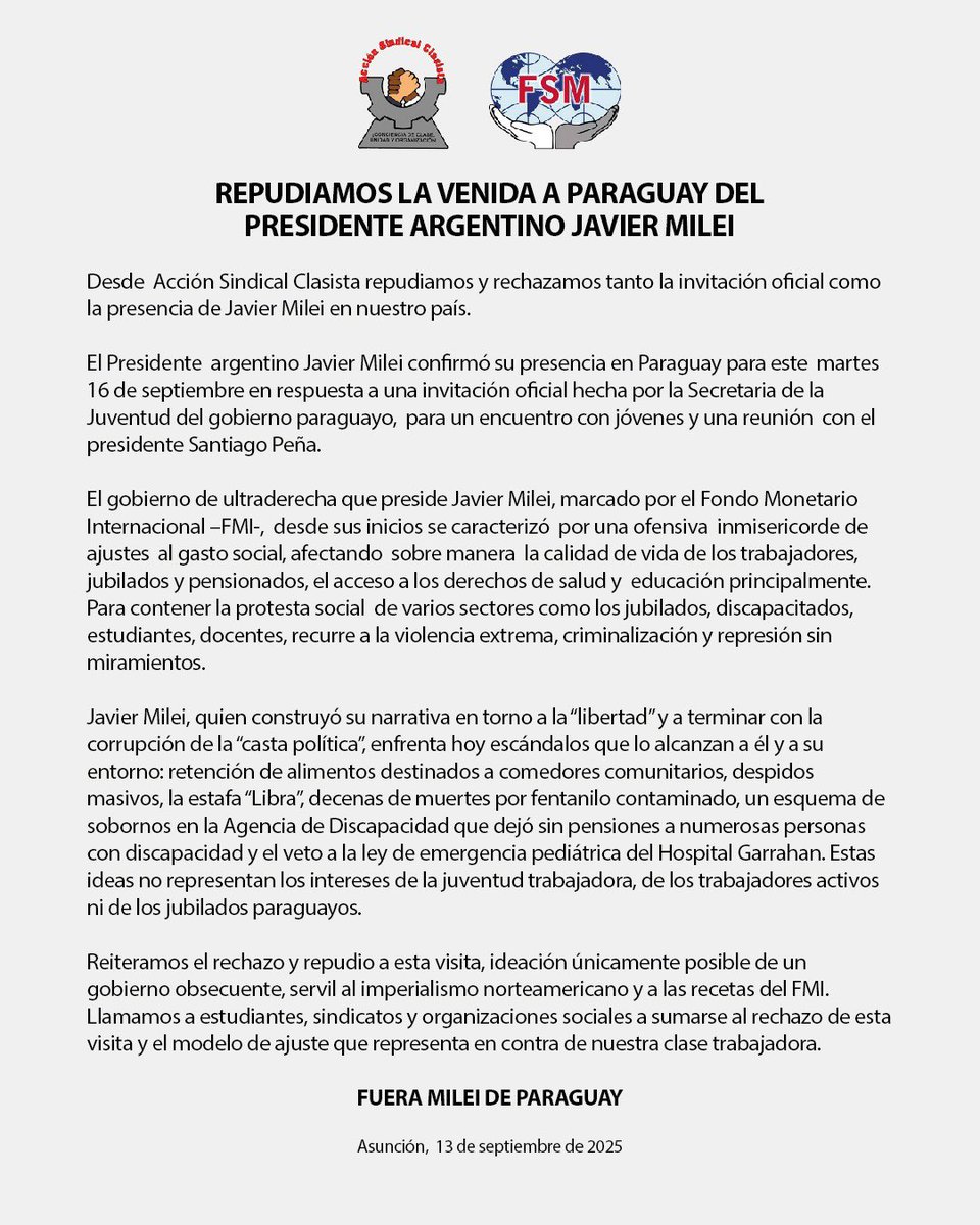accionscpy's tweet image. Desde ASC repudiamos y rechazamos la venida de Javier Milei a Paraguay y a su agenda anti-trabajadores, títere del FMI. 

¡Fuera Milei de Paraguay!