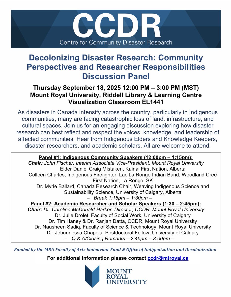 A reminder to please join us on September 18, 2025 from 12:00 PM to 3:00 PM for the upcoming CCDR discussion panel, "Decolonizing Disaster Research: Community Perspectives and Researcher Responsibilities." For more details, please see the updated poster below.
