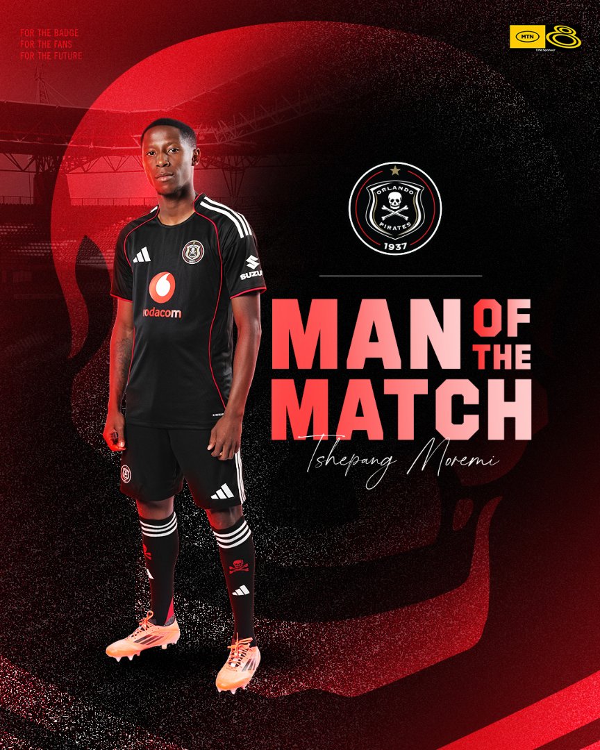 ☠️ 🤴🏾 Man of the Match | Tshepang Moremi 

<a href="/orlandopirates/">Orlando Pirates</a> 3 - 0 <a href="/StellenboschFC/">Stellenbosch FC</a> 

🥅 Moremi 93', 110', Mabasa 106'

⚫️⚪️🔴⭐️
#MatchDay
#MTN8Final 
#OrlandoPirates
#OnceAlways