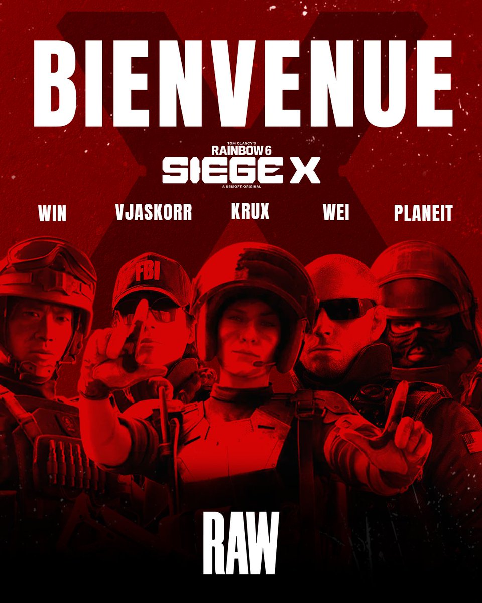 Nouveau roster R6 RAW ! 

Avec comme joueur  :  
-<a href="/PlaNeiT_/">PlaNeiT</a>
-<a href="/WeiR6s/">Wei</a>
-<a href="/IKruxl/">𝒦𝓇𝓊𝓍.🇫🇷</a>
-<a href="/l7_winn/">WinnTV</a>
-<a href="/VjaskoR6S/">Vjasko 🇫🇷🇮🇹</a> 

&amp; <a href="/NoraifuZ/">Noraifu.Zero</a> en tant que coach ainsi que
<a href="/Loupassaaa/">Loupassa</a> en Manager 😀