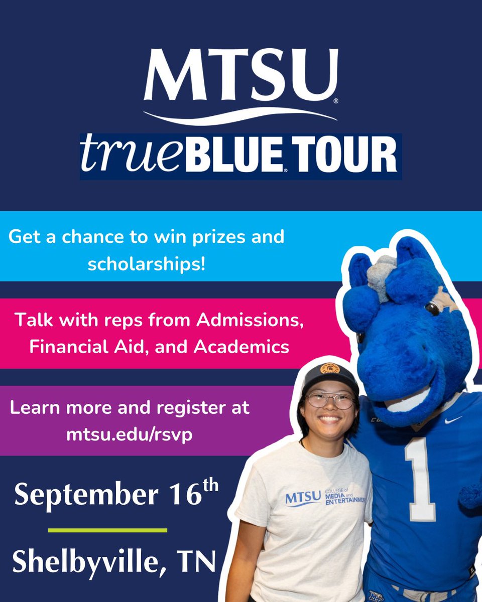 Our True Blue Tour kicks off September 16th in Shelbyville, TN 🤩 RVSP now to meet our MTSU team, explore programs, and get the True Blue Experience 💙⚡️ #mtsu #mtsuadmissions #trueblue