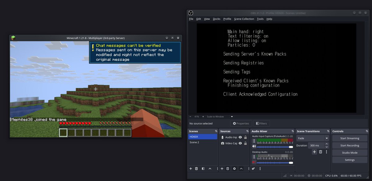 Can we get a HELL YEAH for developer <a href="/Mephiles38/">Mephiles</a>, who was just able to host a Minecraft server on his Sega Dreamcast (right) and connect to it successfully using a PC client (left)!?

This epic feat of engineering was made possible by porting <a href="/p2r3_/">p2r3</a>'s work on bareiron, a
