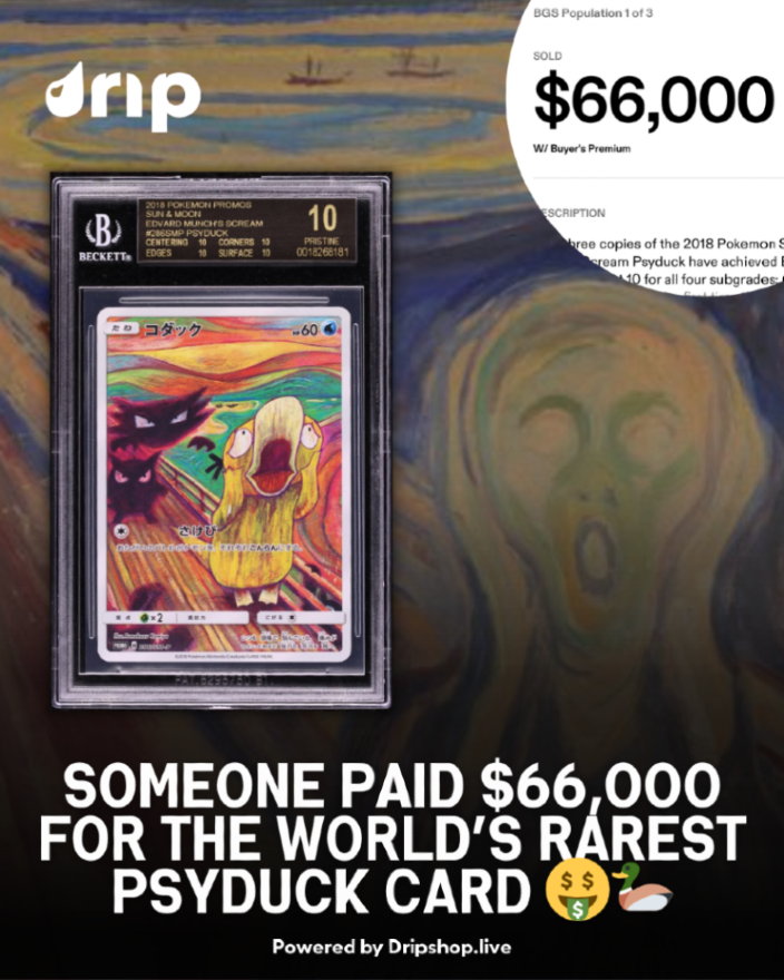 A Psyduck just sold for $66,000  The 2018 Japanese Munch: The Scream  promo graded BGS 10 Black Label is now the most expensive Psyduck card  ever. Would you drop 66K on this screaming duck?