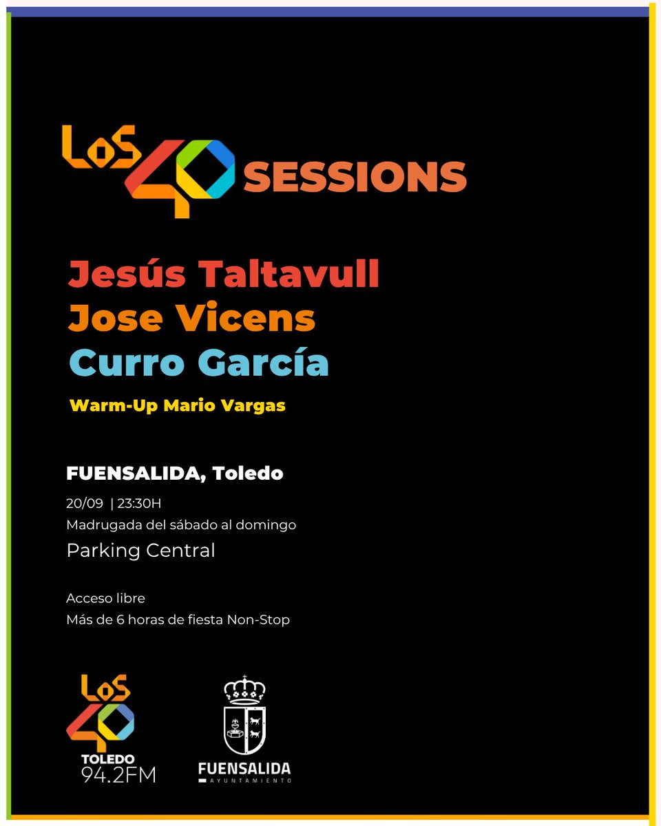 LOS40 CLM (@los40clm) on Twitter photo 🎧🔥 ¡Confirmado! <a href="/JesusTaltavull/">Jesús Taltavull</a> será el DJ estrella de la 1ª edición de #LOS40Sessions en Fuensalida 🔥
📅 20 septiembre | 📍 Parking Central
🕚 Desde 23:30h | 💥 Entrada GRATIS
Con <a href="/JoseVicens40/">Jose Vicens</a> , <a href="/currogarciamusi/">Curro García | DJ, Locutor & Creador</a> & @mariovargas_dj
⚡ +6h de música non-stop
¿Vienes? 😏 🎧🔥 ¡Confirmado! <a href="/JesusTaltavull/">Jesús Taltavull</a> será el DJ estrella de la 1ª edición de #LOS40Sessions en Fuensalida 🔥
📅 20 septiembre | 📍 Parking Central
🕚 Desde 23:30h | 💥 Entrada GRATIS
Con <a href="/JoseVicens40/">Jose Vicens</a> , <a href="/currogarciamusi/">Curro García | DJ, Locutor & Creador</a> & @mariovargas_dj
⚡ +6h de música non-stop
¿Vienes? 😏