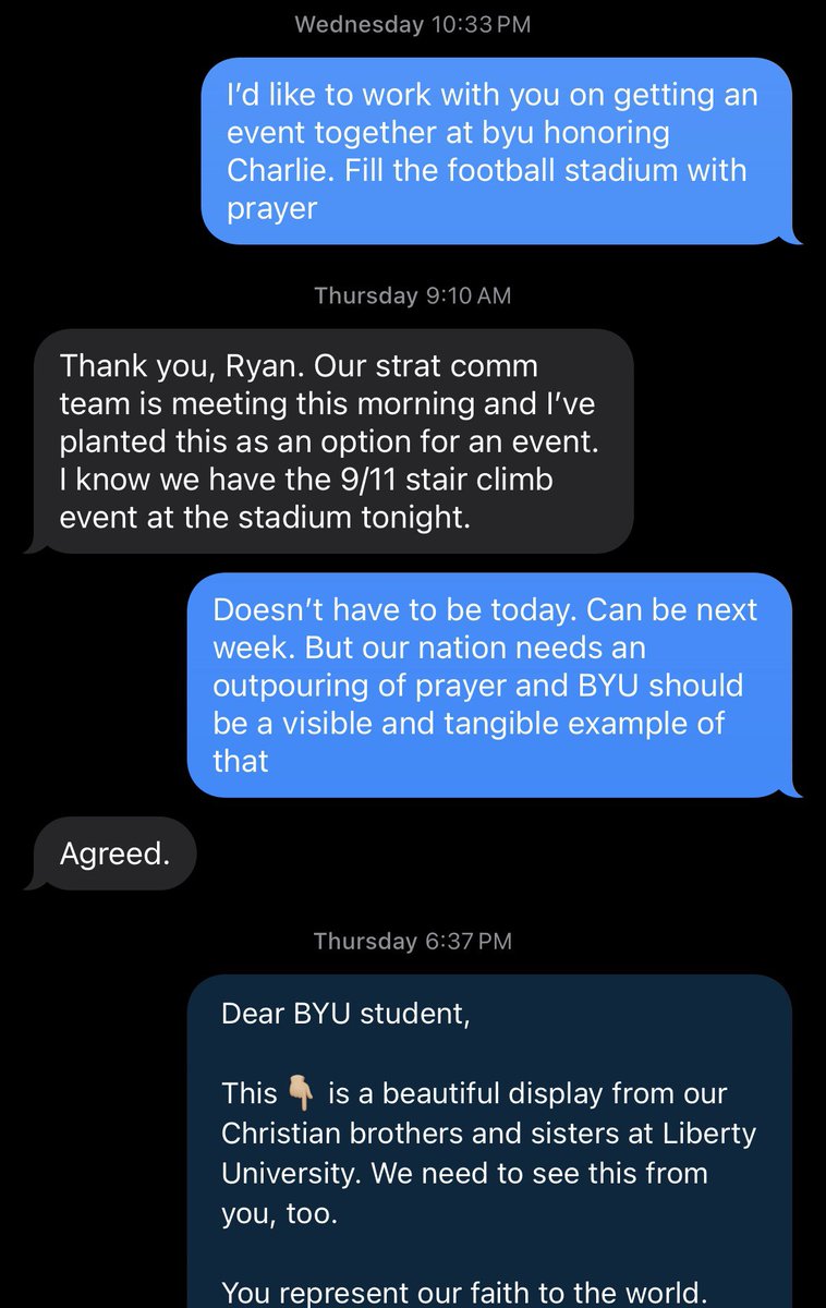 On Wednesday night, after Charlie died, I reached out to an administration official <a href="/BYU/">BYU</a> to offer to personally help fill the football stadium with individuals engaged in prayer. 

This BYU official agreed with the need for such an event and offered it up in a meeting as
