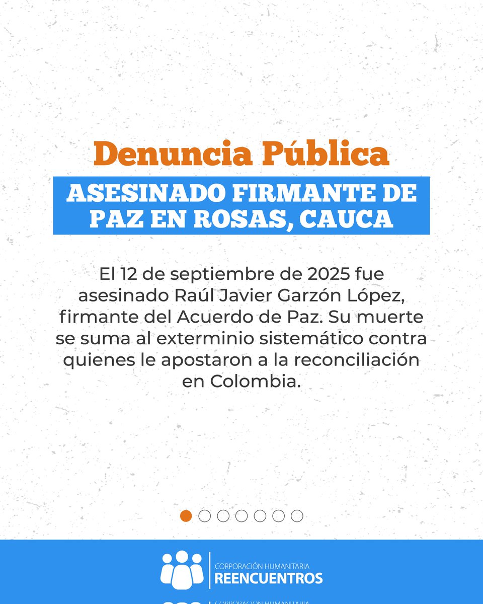 🚨 Exigimos garantías para la vida de firmantes de paz  y buscadores humanitarios.🚨

Ayer, 12 de septiembre de 2025, fue asesinado en Rosas, Cauca, el firmante de paz Raúl Javier Garzón López. Su crimen refleja el exterminio sistemático contra quienes le apostamos a la paz.
🧵👇🏻