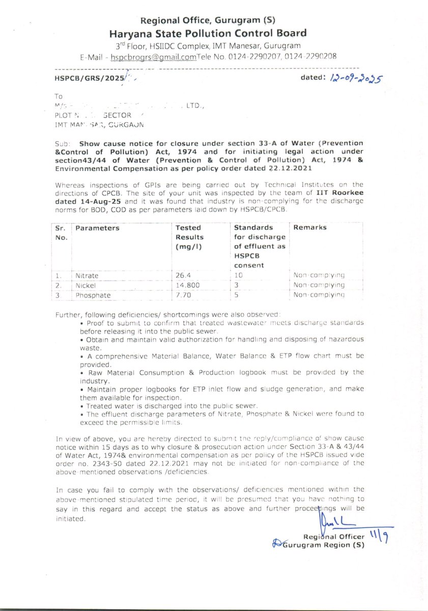 sanjayakmishra's tweet image. Reviewing #HSPCB's Show Cause Notice to an industrial unit under Water Act, 1974. 
🔹 Vague Legal Framing of closure, prosecution &amp;amp; compensation without separating legal grounds. 
🔹 BOD/COD Allegation = Hollow
🔹 IIT Roorkee representative information missing

#EnvironmentalLaw