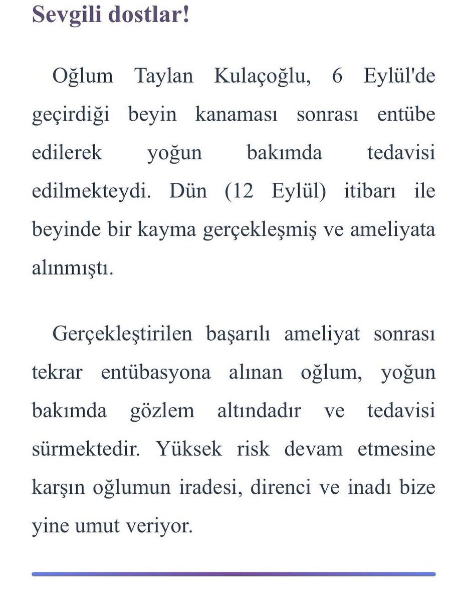 Oğlum #TaylanKulaçoğlu'nun sağlığı ile ilgili güncel bilgilendirme! 
Dualarınızı eksik etmeyin...