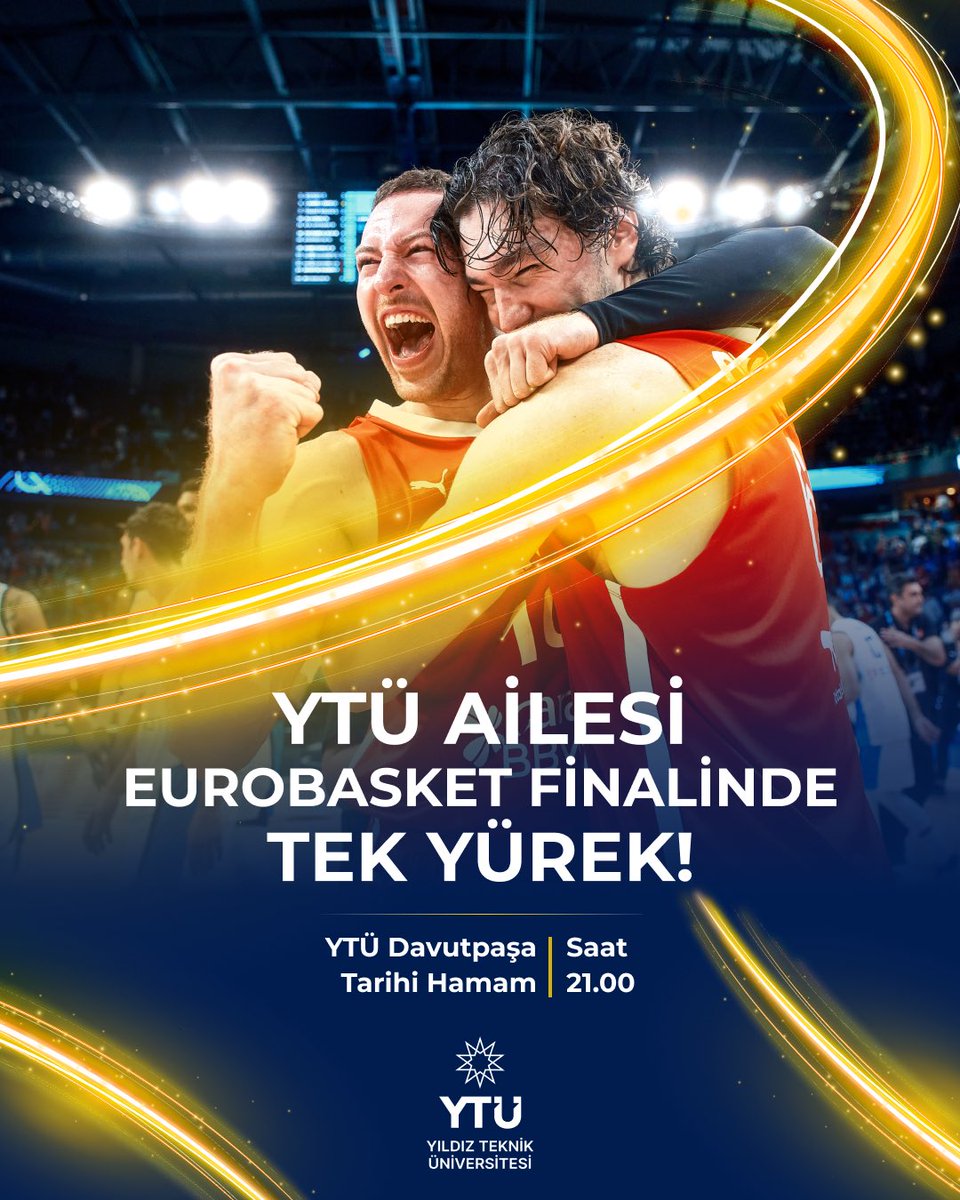 Değerli YTÜ Ailemiz,

24 yıl aradan sonra FIBA EuroBasket’te finale yükselen Basketbol Millî Takımımızla büyük bir gurur yaşıyoruz.

14 Eylül 2025 saat 21.00’de YTÜ Davutpaşa Kampüsü Tarihi Hamam’da kurulacak dev ekranda tarihi finali hep birlikte izleyelim.

Basketbol Millî