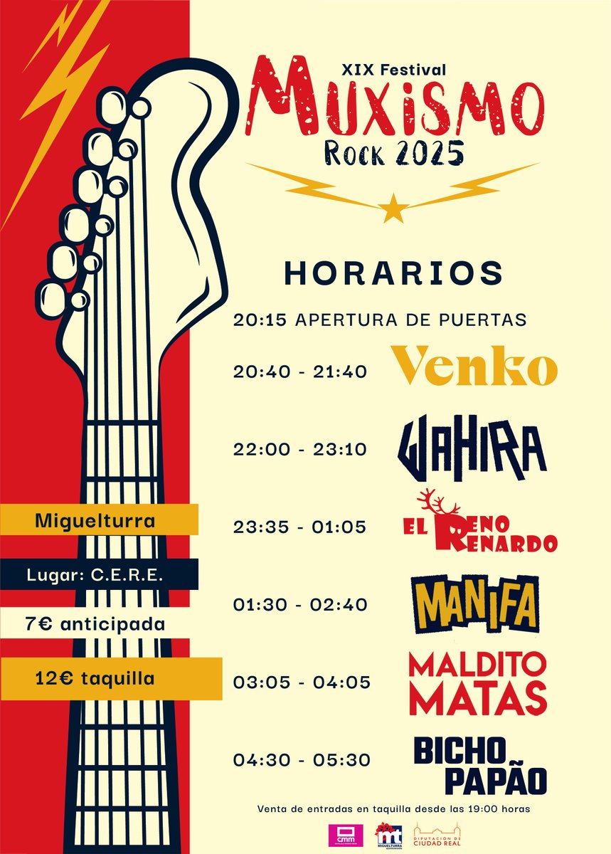 ⚡️¡Ya están aquí los horarios del 𝗫𝗜𝗫 𝗠𝘂𝘅𝗶𝘀𝗺𝗼 𝗥𝗼𝗰𝗸 𝟮𝟬𝟮𝟱!⚡️

Seguimos apostando por cultura accesible para todxs y tenemos seis auténticas bandazas para llenar una noche de música en directo por tan solo 7€ de entrada. ¡Os esperamos en el #MxmRock!