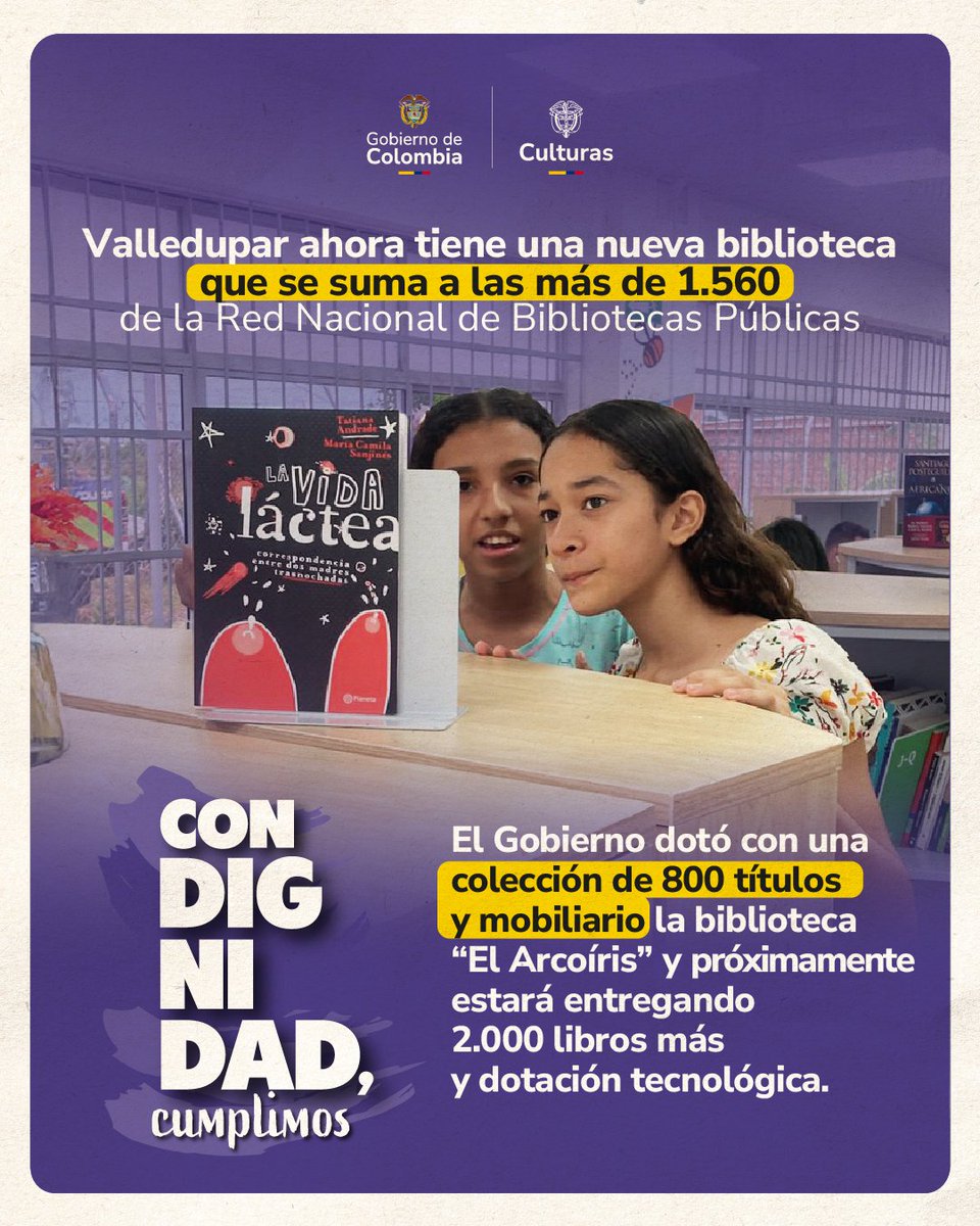 ¡Un nuevo espacio de conocimiento se abre! 🌈📚

La biblioteca pública “El Arcoíris” se suma a las más de 1.560 que conforman la Red Nacional. Desde el Ministerio de las Culturas, seguimos trabajando para que cada colombiano llegue a mundos nuevos a través de la lectura.