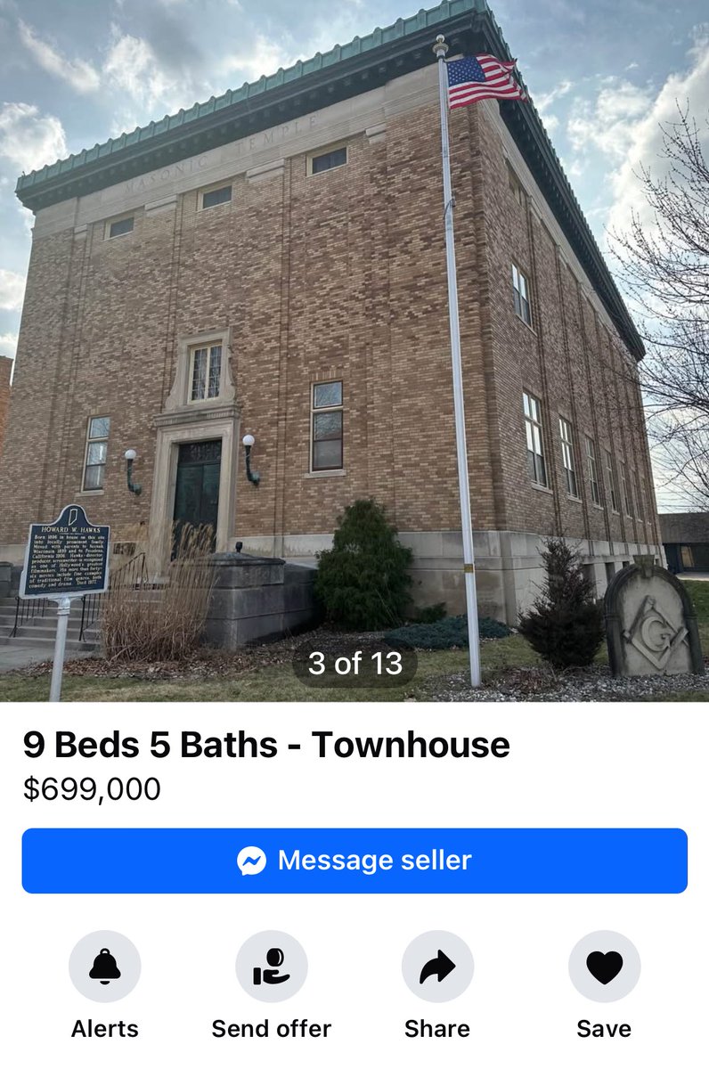 gmoult's tweet image. rebranding a masonic temple as a 9 bed townhouse on facebook marketplace is crazy