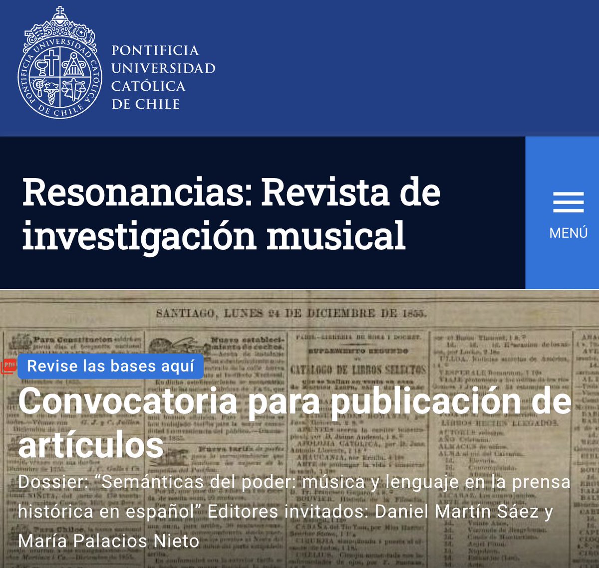 danielmartin_sv's tweet image. Resonancias, una de las revistas más prestigiosas sobre Música, acaba de abrir su convocatoria para el dossier

&quot;Semánticas del poder: música y lenguaje en la prensa histórica en español&quot; (@LexiMusEsp, @MusicologiaUSAL)

⏲️ Plazo límite: 5 de diciembre.
resonancias.uc.cl