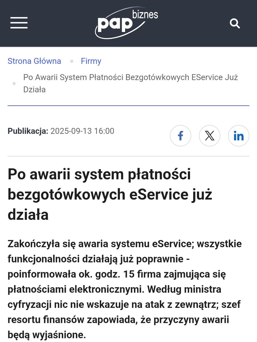 MichalGPW5's tweet image. Po awarii system płatności bezgotówkowych #eService już działa biznes.pap.pl/wiadomosci/fir…