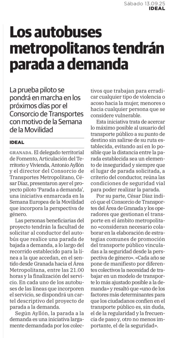 El transporte público se puede y se debe enfocar también desde la perspectiva de género. No solo la regularidad y la frecuencia son esenciales para usarlo, también lo es la seguridad. El <a href="/CTransporte_GR/">Consorcio de Transporte Metropolitano Granada</a> impulsa la parada a la demanda. Tu destino, más cerca. Más seguro.