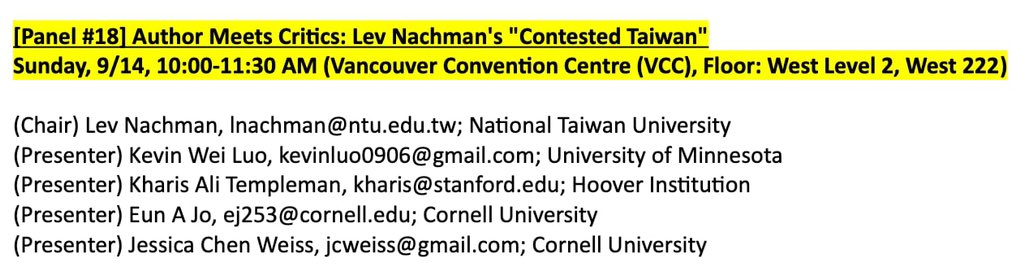 Second leg of APSA2025. Presenting joint work on geopolitics and democratization in Taiwan Saturday 2pm, and then book roundtable Sunday 10am for <a href="/lnachman32/">Lev Nachman</a> and his new book “Contested Taiwan: Sovereignty, Social Movements, and Party Formation.” Hope to see you there!