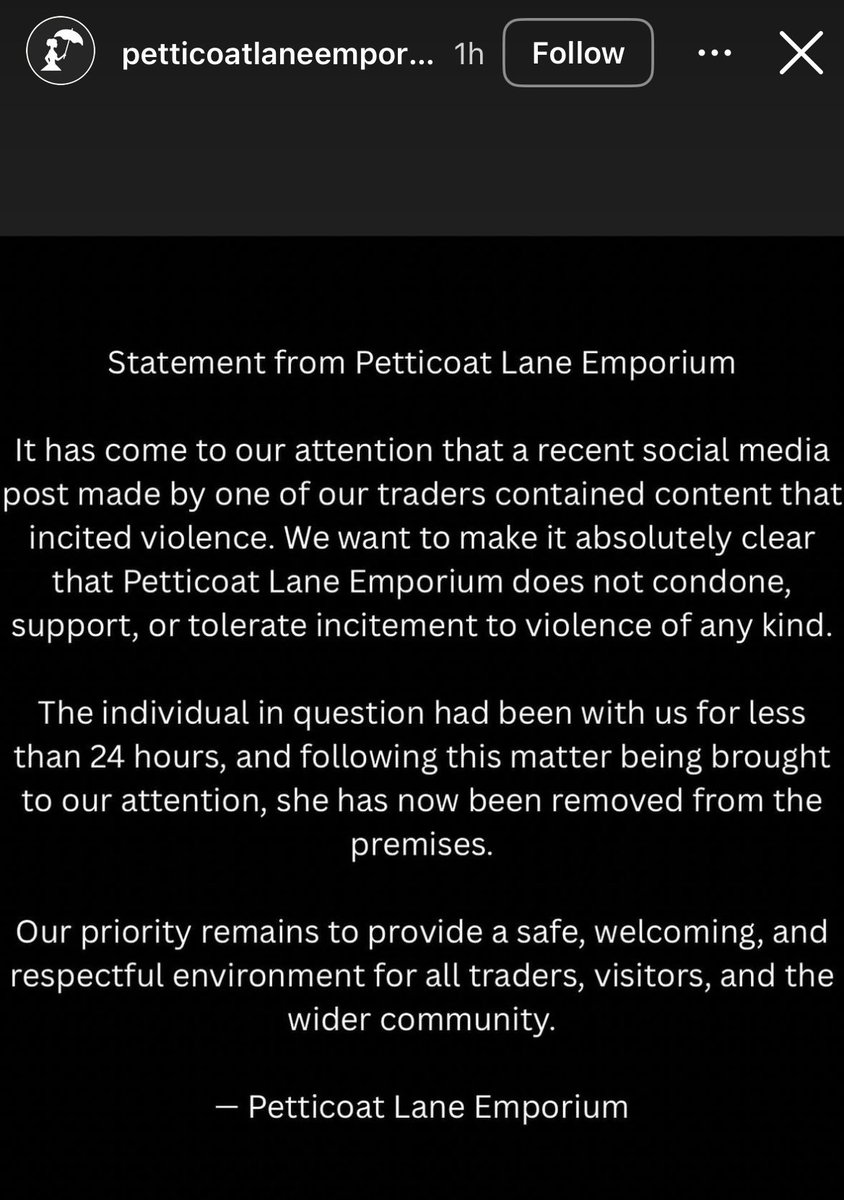 Far-left extremist Charlotte Hayes has now been evicted.

Well done Petticoat Lane Emporium for doing the right thing.

<a href="/kent_police/">Kent Police (UK)</a> it’s now your turn to do the right thing and arrest her.
