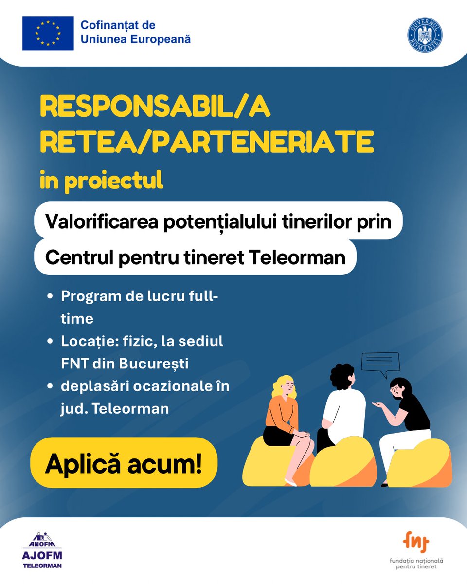 FNT_romania's tweet photo. 🚀 Fundația Națională pentru Tineret angajează! 

📍București

👉 Citește toate detaliile și vezi cum poți aplica aici: https://t.co/taWcbAocZc

🔵 Proiect cofinanțat din Fondul Social European Plus prin Programul Operațional Educație și Ocupare 2021-2027. https://t.co/IYhDjO3TD6