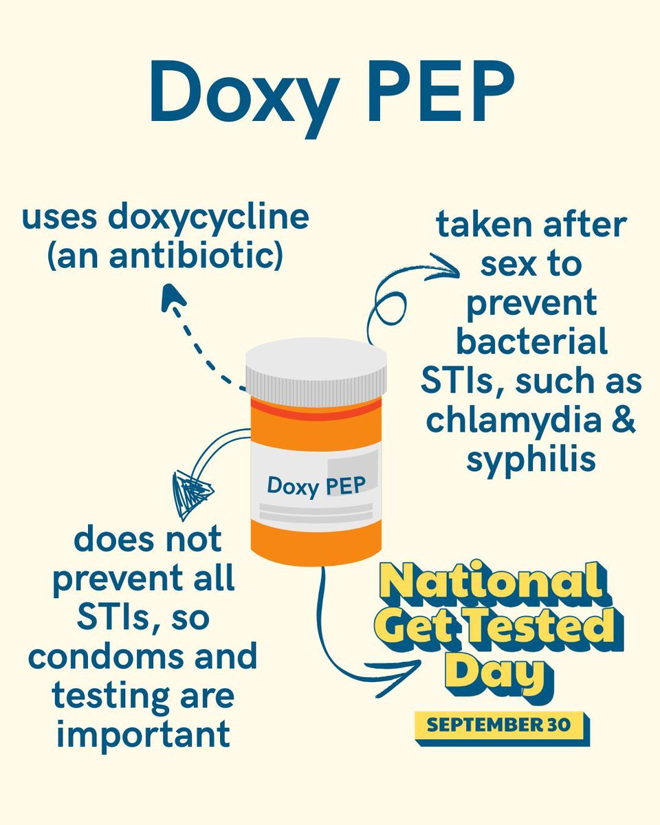 DoxyPEP 💊  and STI testing 🧪  work together to prevent STIs 🤝 
Learn more at buff.ly/t05wblz 
#NGTD25 #NationalGetTestedDay #NGTD #STIprevention #STItest #TalkTestTreat #SaferSex #ASHA #STItesting #STIawareness #GetTested