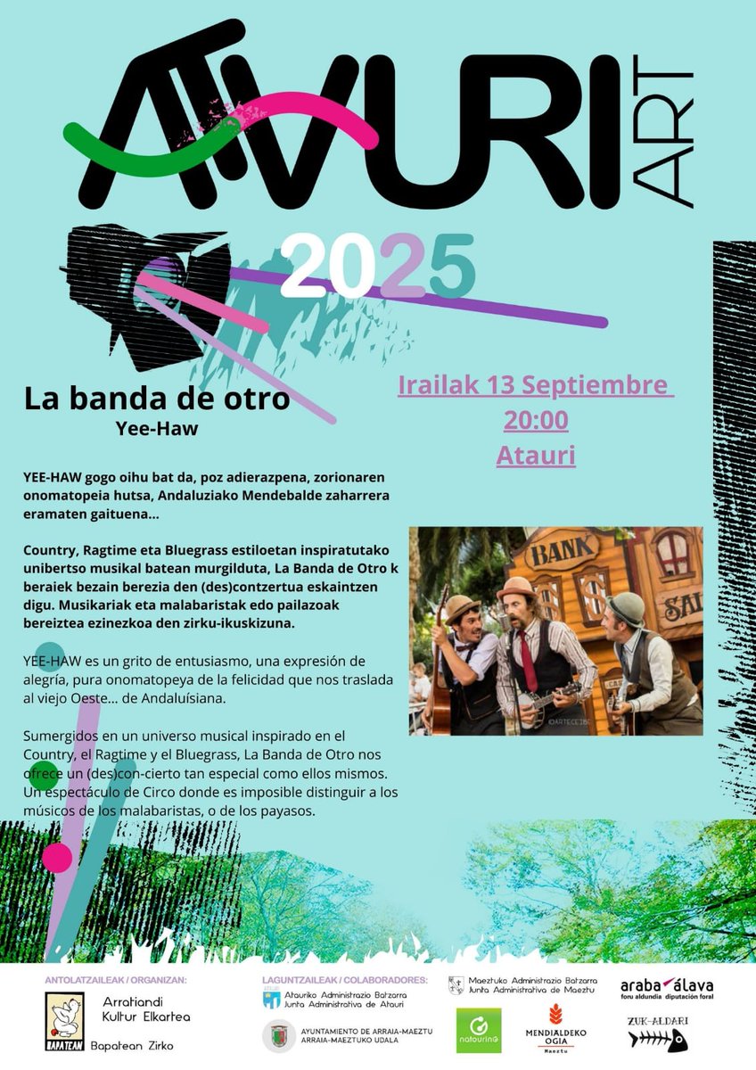 natourinG's tweet image. "Yee Haw!", La Banda de Otro.
Irailak 13 de septiembre,
#Atauri 20:00
#ArabakoMendialdea #AtauriArt #MontañaAlavesa #AtauriArt2025