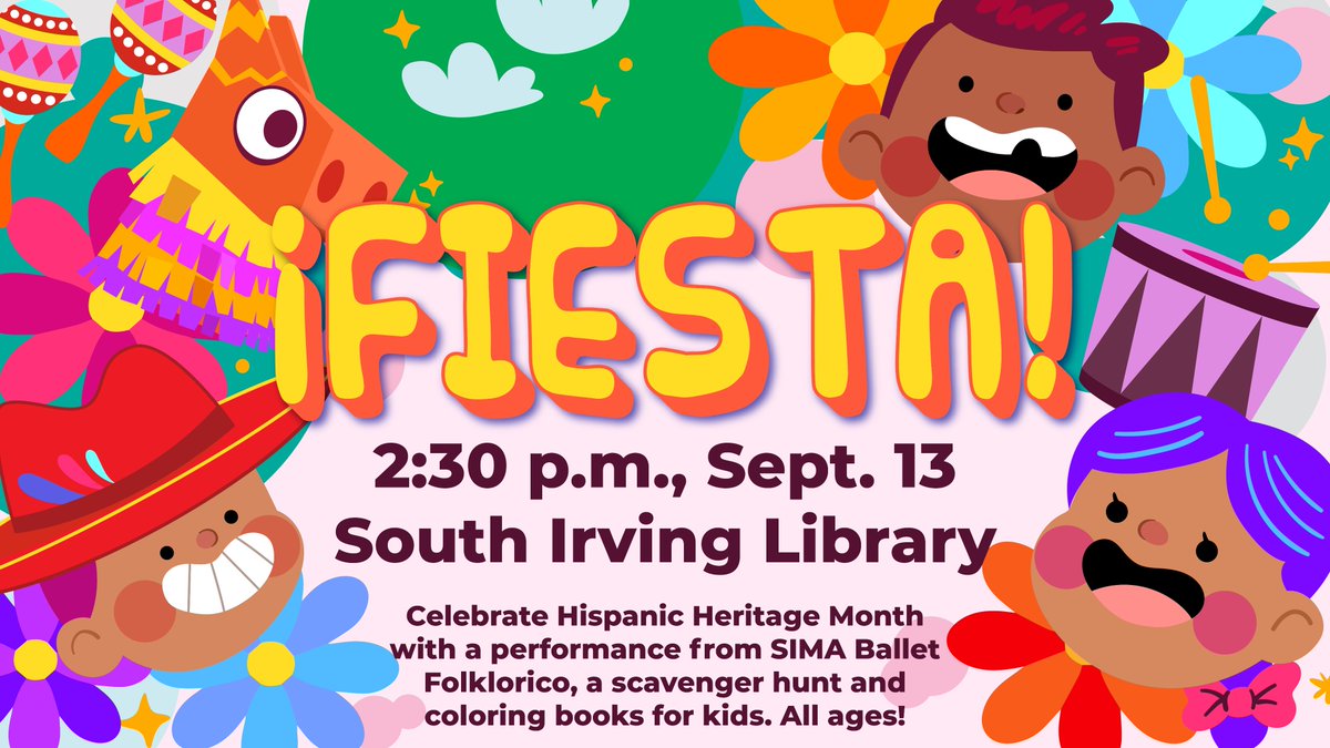 irvinglibrary's tweet image. Join us for fun events at Irving Library locations! At 11 a.m., children ages 3+ can participate in Coding and Coloring at West. Then at 2:30 p.m., enjoy snacks, crafts and dancing at our annual Fiesta at the South Irving Library. Call (972) 721-2440 for details! #irvinglibrary