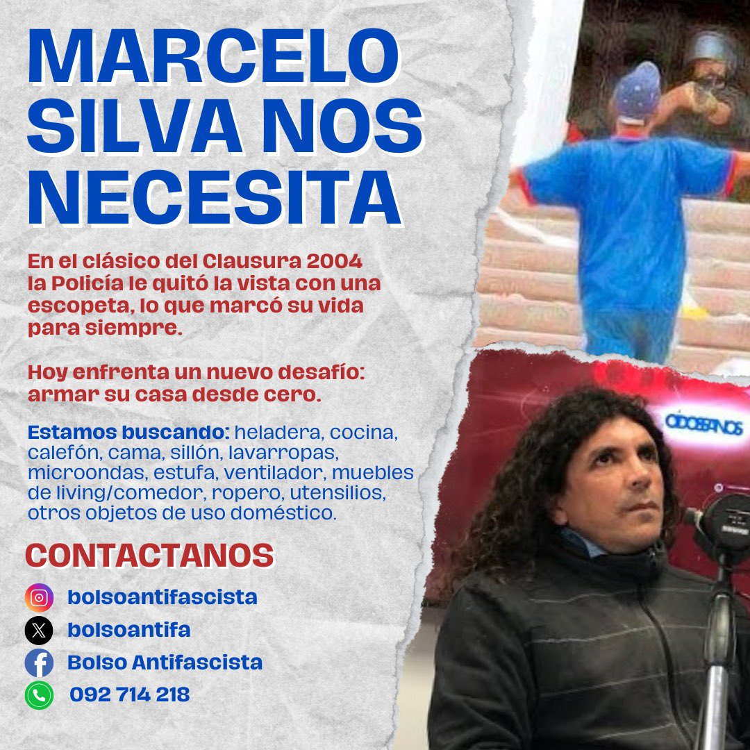 Marcelo Silva, el hincha de Nacional al que la Policía le quitó la vista disparándole con una escopeta a 5 metros en la brutal represión del clásico del Clausura 2004, la ha estado pasando jodida, y anda precisando una mano.