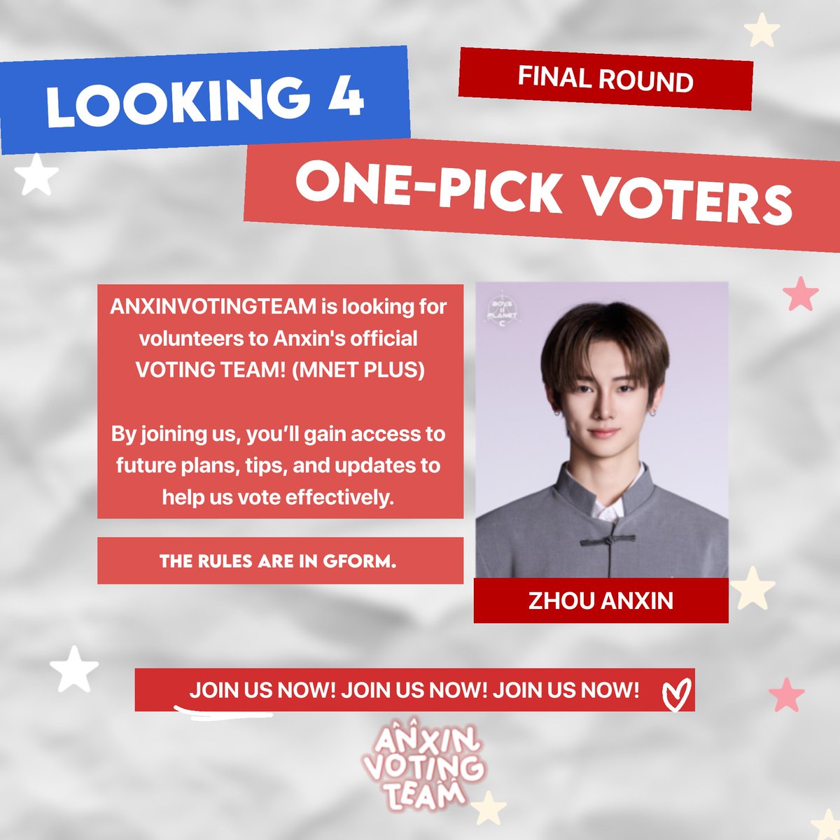 ANXINVOTINGTEAM's tweet photo. 📢 🗳️ VOTING RECRUITMENT | 250914

🌟ONE PICK ONE ANXIN🌟

This is all about showing our support for ANXIN through every vote. Together, let’s vote, support, and make ANXIN shine brighter than ever. 💎✨

🔗 https://t.co/CDEyJSu8Zs

#ZHOUANXIN #安信 #안신 #アンシン #BOYS2PLANET https://t.co/FfpGlFR8j0