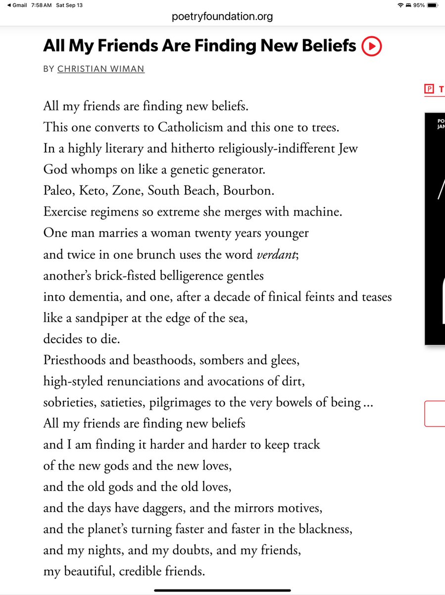 Christian Wiman, “All My Friends Are Finding New Beliefs”

Priesthoods and beasthoods, sombers and glees,
high-styled renunciations and avocations of dirt,