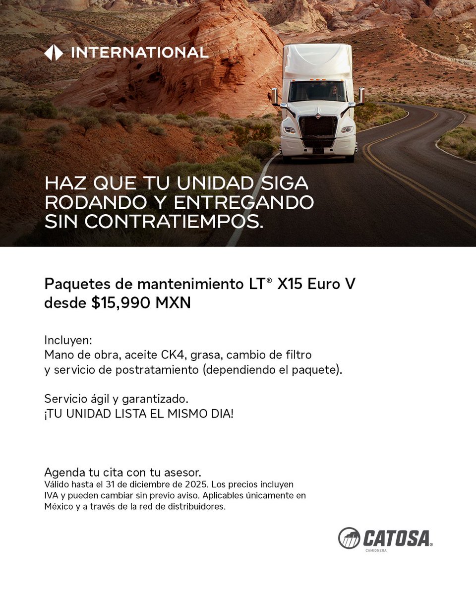 CATOSAMX's tweet image. 🔧 Tu motor no se detiene, tu negocio tampoco.

Con los paquetes #LT® #X15 #EuroV desde $15,990 MXN, obtienes mano de obra experta, lubricación precisa, filtros completos y servicio postratamiento.

📲 Agenda tu cita en #CATOSA y mantén tu operación siempre en movimiento.