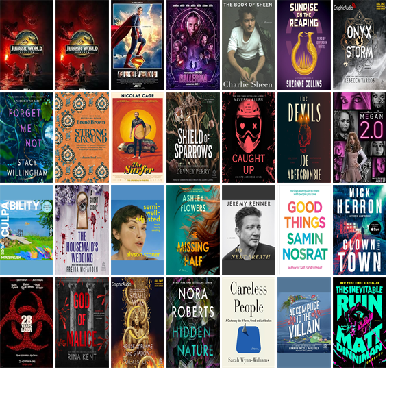 This week the Denton Public Library has 125 new books and 18 new movies.  New items include Jurassic World Rebirth, Jurassic World, Superman, Ballerina, The Book of Sheen, Elio, The White Lotus, Onyx Storm, Sunrise on the Reaping, and Forget Me Not. wowbrary.org/nu.aspx?p=2047…