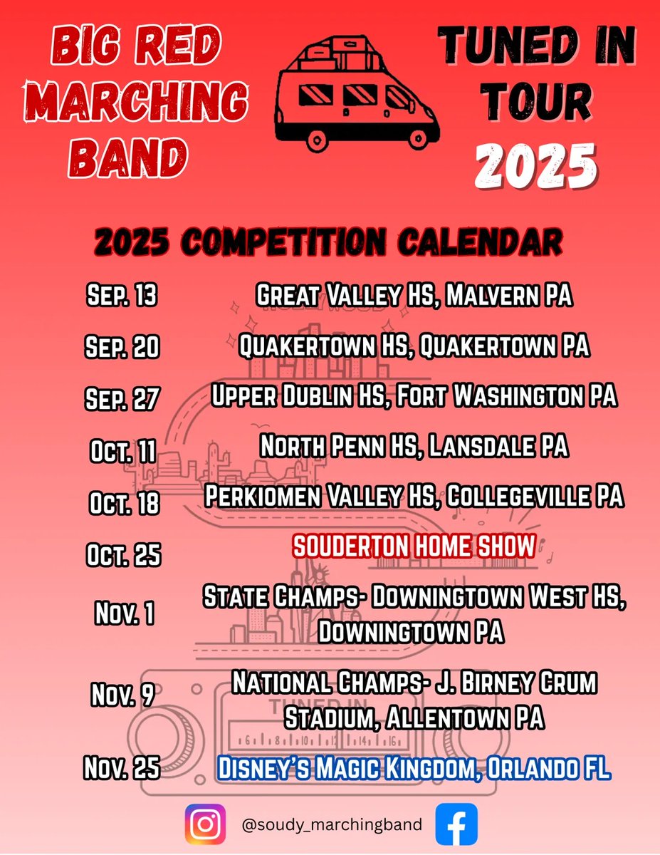 The Official Tuned In Tour 2025 kicks off today!! Don't miss your chance to see it at a stadium near you this fall. We are taking this show on the road!! #TunedIn2025 #SoudertonBigRedMarchingBand #USbands2025 #marchingband #SoudertonAreaHighSchool <a href="/SASD_SAHS/">Souderton Area HS</a>