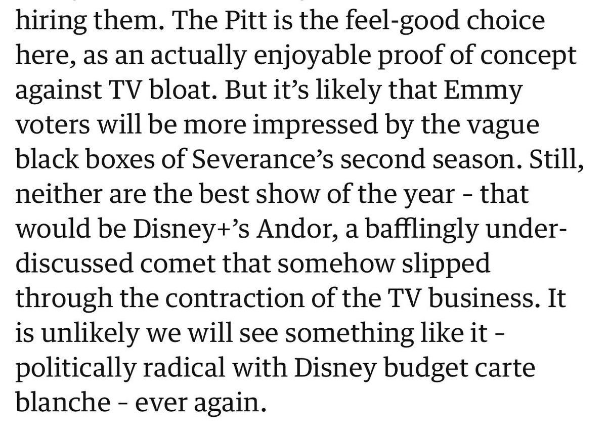 The Guardian (UK) describes Andor as the best show of the year. Variety and The Hollywood Reporter have also said that while it probably won’t win the Best Drama Emmy, it should.