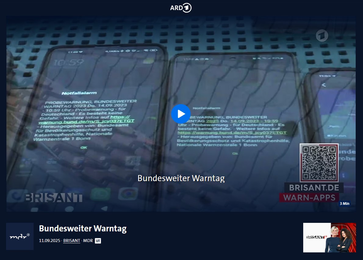 #Katastrophenmanagement #Katastrophenschutz #Katastrophenforschung #BBK - "Bundesweiter #Warntag: Wie wichtig ist er in #Krisenzeiten?" - Interview mit #Krisenforscher Frank #Roselieb (#ARD-Magazin #Brisant, 11. September 2025) ardmediathek.de/video/brisant/…