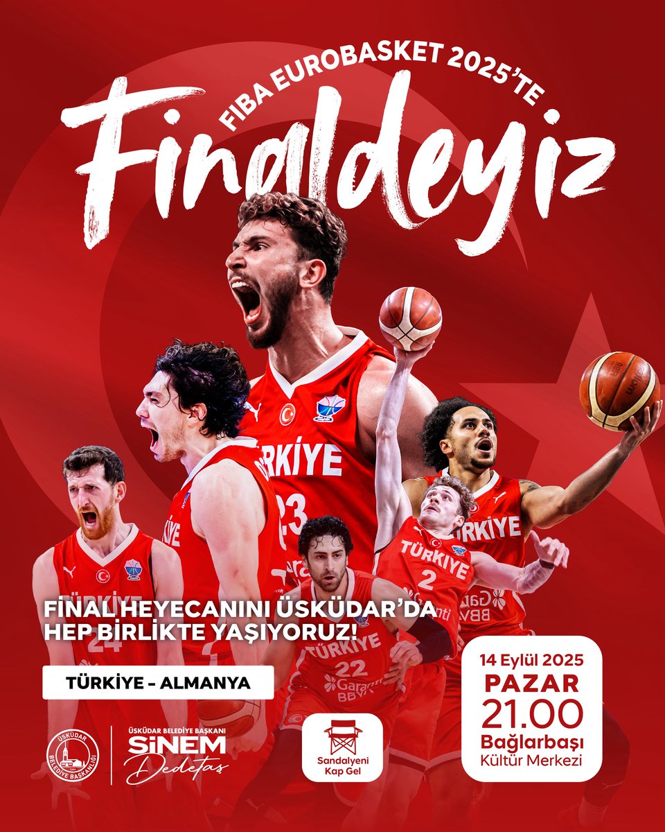 sdedetas's tweet photo. FIBA EuroBasket 2025’te A Milli Basketbol Takımımız tarih yazıyor!  🇹🇷🏀
 Bu büyük heyecana hep birlikte tanıklık etmek için Üsküdar’da buluşuyoruz.
 🗓 14 Eylül Pazar 🕘 21.00
📍 Bağlarbaşı Kültür Merkezi 📢 Türkiye – Almanya

Sandalyeni kap gel, Milli Takımımıza hep birlikte destek olalım! ❤️🤍