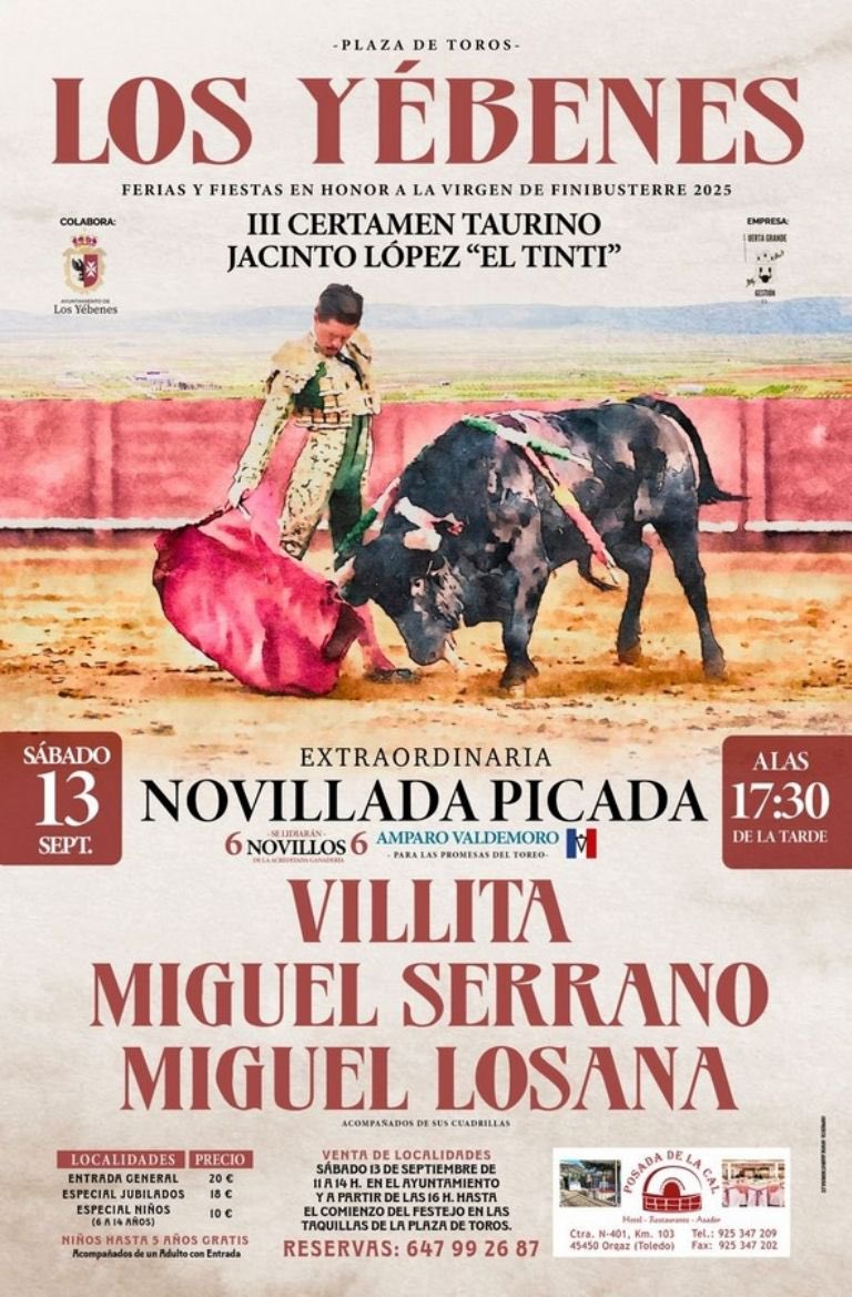 Hoy en <a href="/AytoYebenes/">Ayto Los Yébenes</a>, Provincia de Toledo, <a href="/J_Villita_/">Villita</a>, <a href="/cristian_glez05/">Cristian González</a> que sustituye a Miguel Serrano y Miguel Losana. Novillos 🐂 de Amparo Valdemoro.